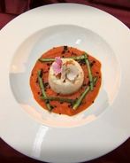 Куриное суфле с апельсиновыми цукатами на морковном пюре