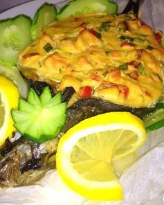 Сибас с творожно-сырным суфле и семгой