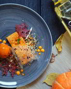 Суфле из тыквы, медовый крамбл, облепиховые сорбет и ганаш