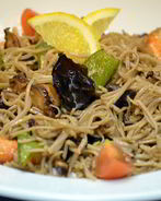 Гречневая лапша с грибами и королевскими креветками