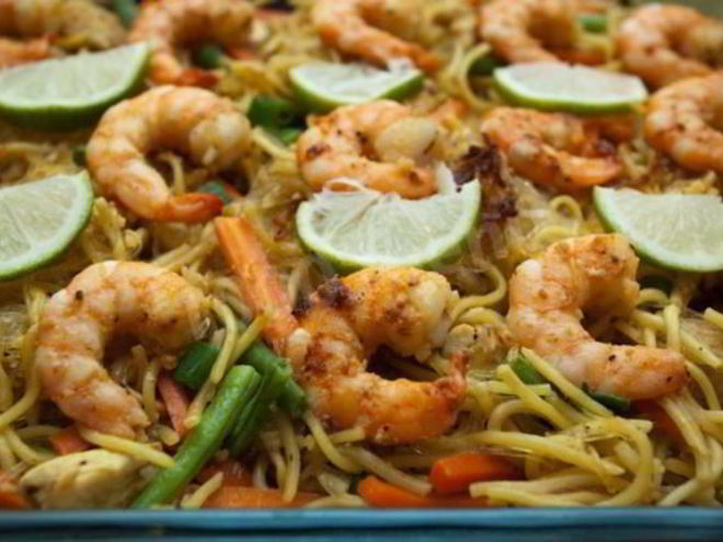 Рецепт лапши со свининой и креветками