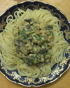 Спагетти карбонара с курицей и грибами