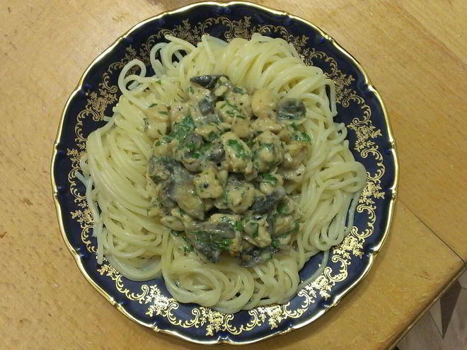 Рецепт спагетти карбонара с курицей и грибами