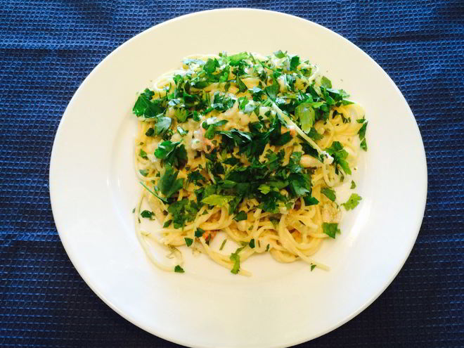 Рецепт спагетти с треской и копченым лососем