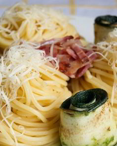 Спагетти с цукини и беконом