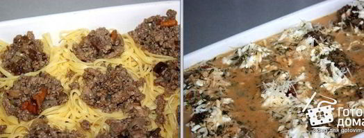 запеченные под сыром гнезда-спагетти с фаршем и грибами. Шаг 3
