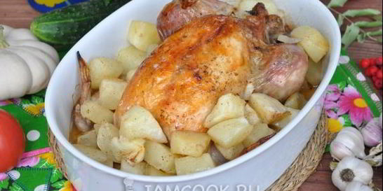 Фаршированная курица с патиссонами в рукаве