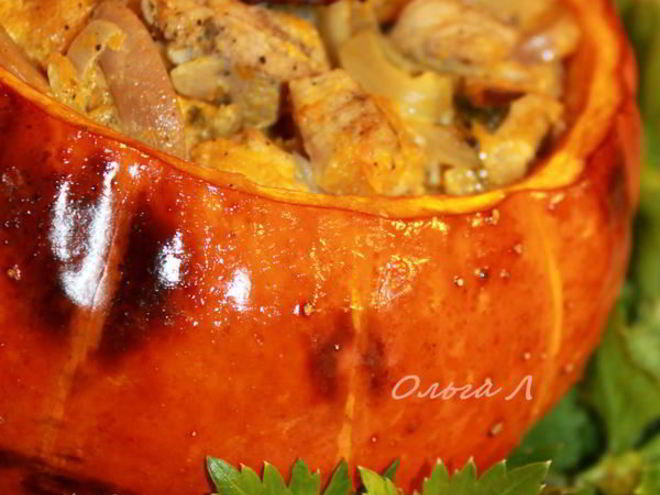Рецепт сливочно-грибного рагу с мясом в тыкве