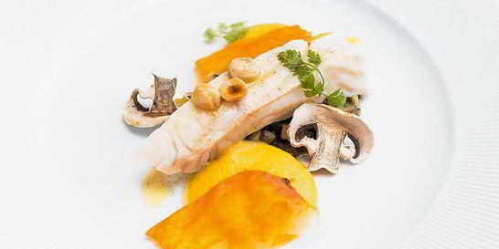Тюрбо с пеной из сладкого картофеля и фрикасе из шампиньонов