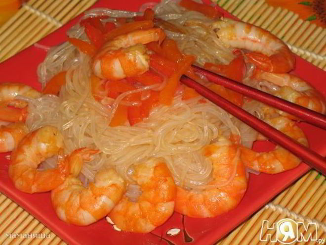 Рецепт рисовой лапши с овощами и креветками
