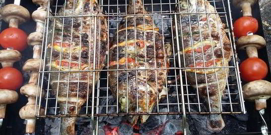 Дорада с овощами, запеченая на углях