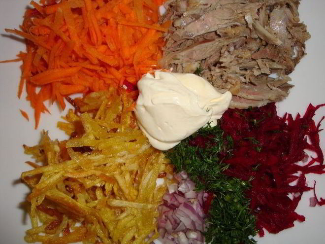 Рецепт салата из свежих овощей с мясом и картофелем пай