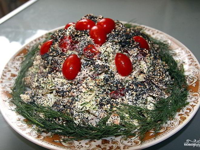 Рецепт салата с блинами и мясом