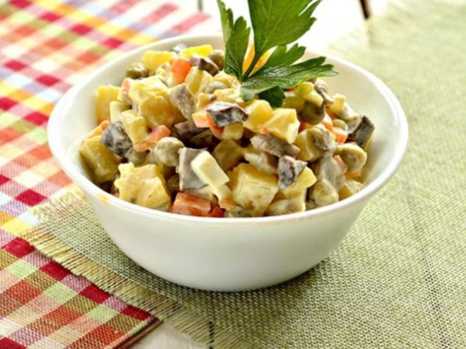 Рецепт салата с маринованными грибами и зеленым горошком