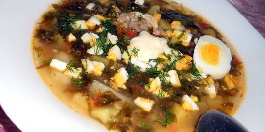 Зеленый борщ с курицей и томатом