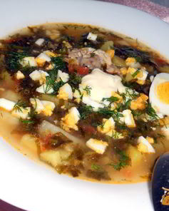 Зеленый борщ с курицей и томатом