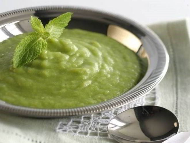 Рецепт супа-пюре с зеленым горошком, мятой и луком-пореем