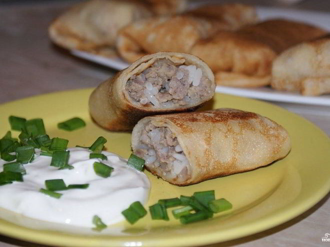 Рецепт блинчиков с мясом и рисом