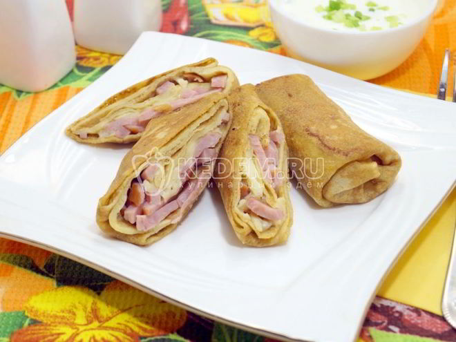 Рецепт блинов с ветчиной и сыром