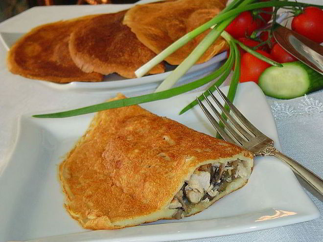 Рецепт блинчатых пирожков с начинкой из курятины и грибов