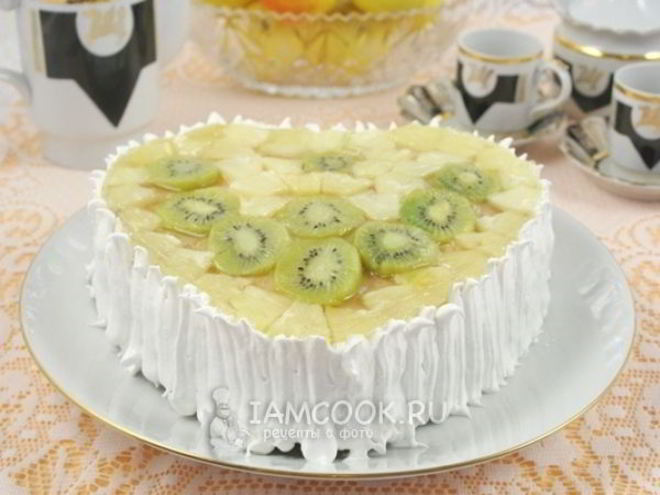 Рецепт торта бисквитного с фруктами, желе и йогуртом