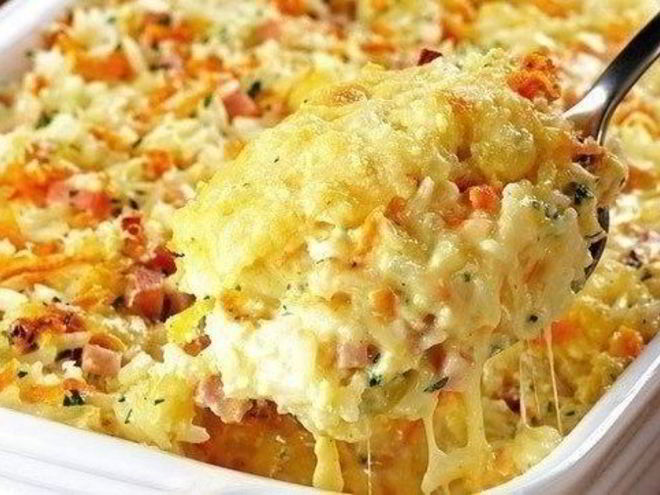 Рецепт запеканки из риса с ветчиной и сыром