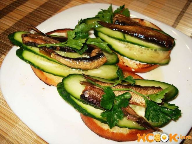 Рецепт бутербродов со шпротами и огурцом