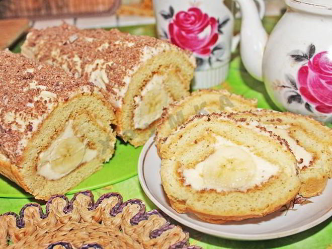 Рецепт бисквитного рулета с бананом